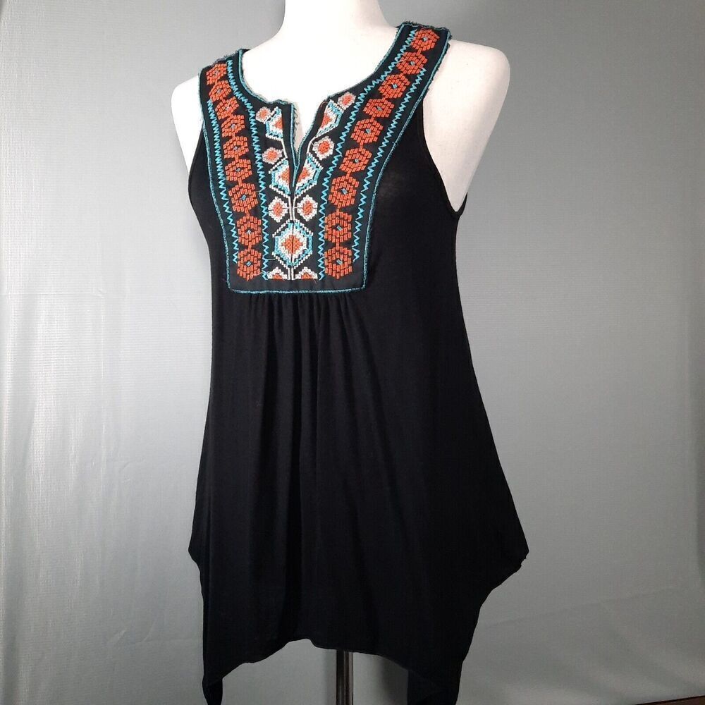 About a Girl Flowy Black Embroidered Tank Boho Gypsy Asymmetrical Size Medium